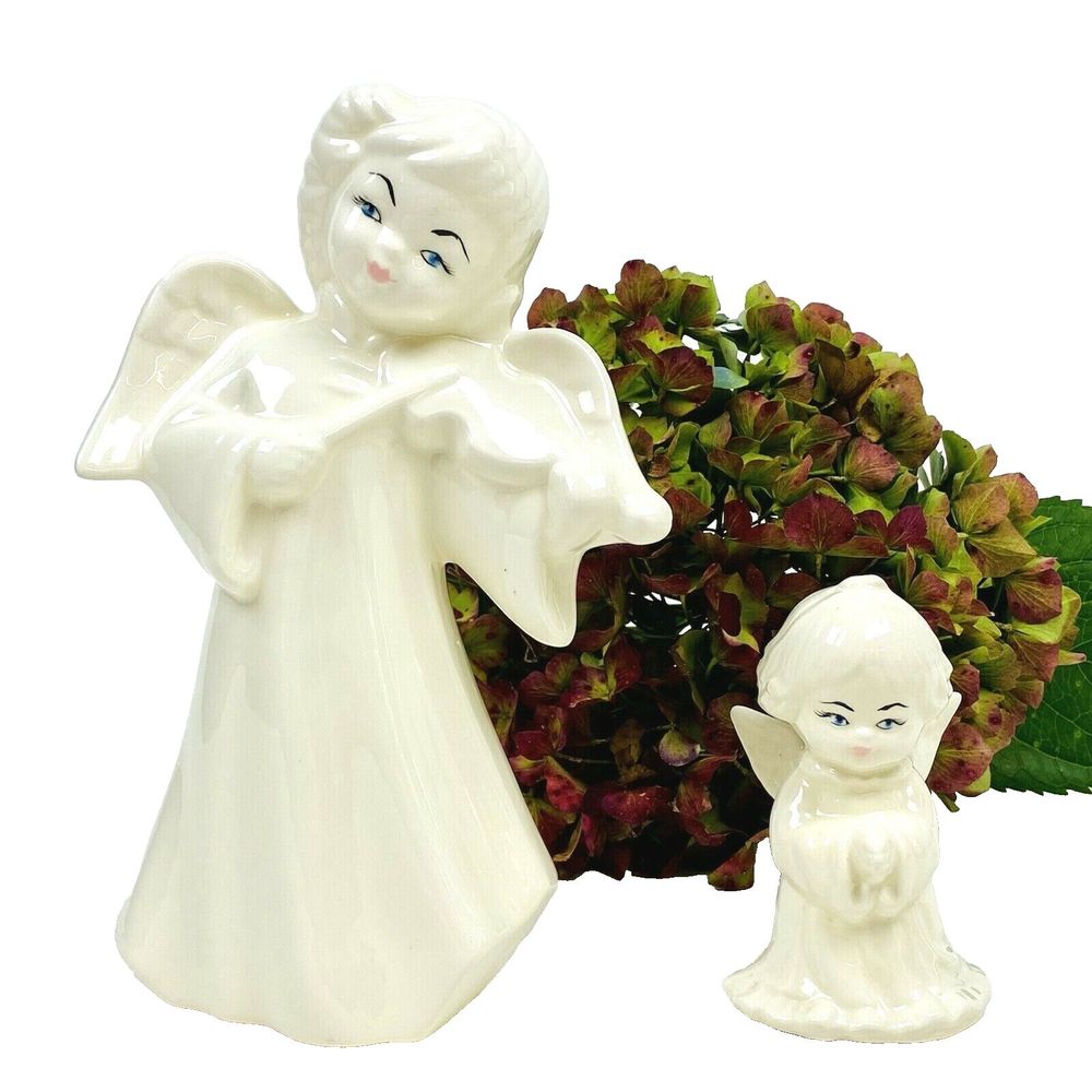 Vintage Ceramic White Glazed Angel Figurines Set/2  Painted Eyes Signed